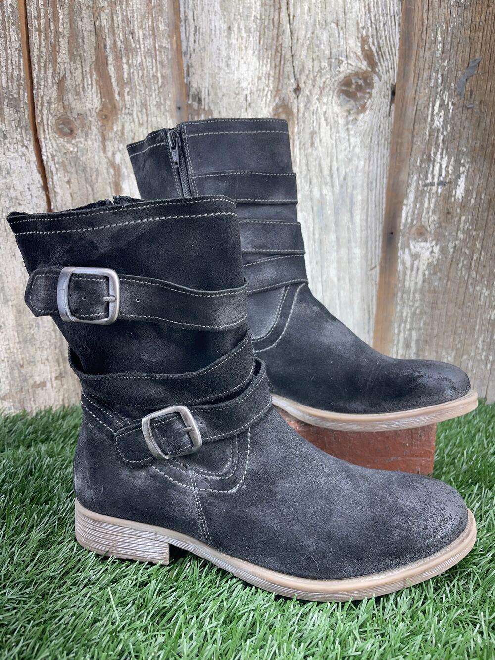 Roan by Bed Stu Lola Slouchy Distressed Black Leather Moto Buckle Boot Women's 9